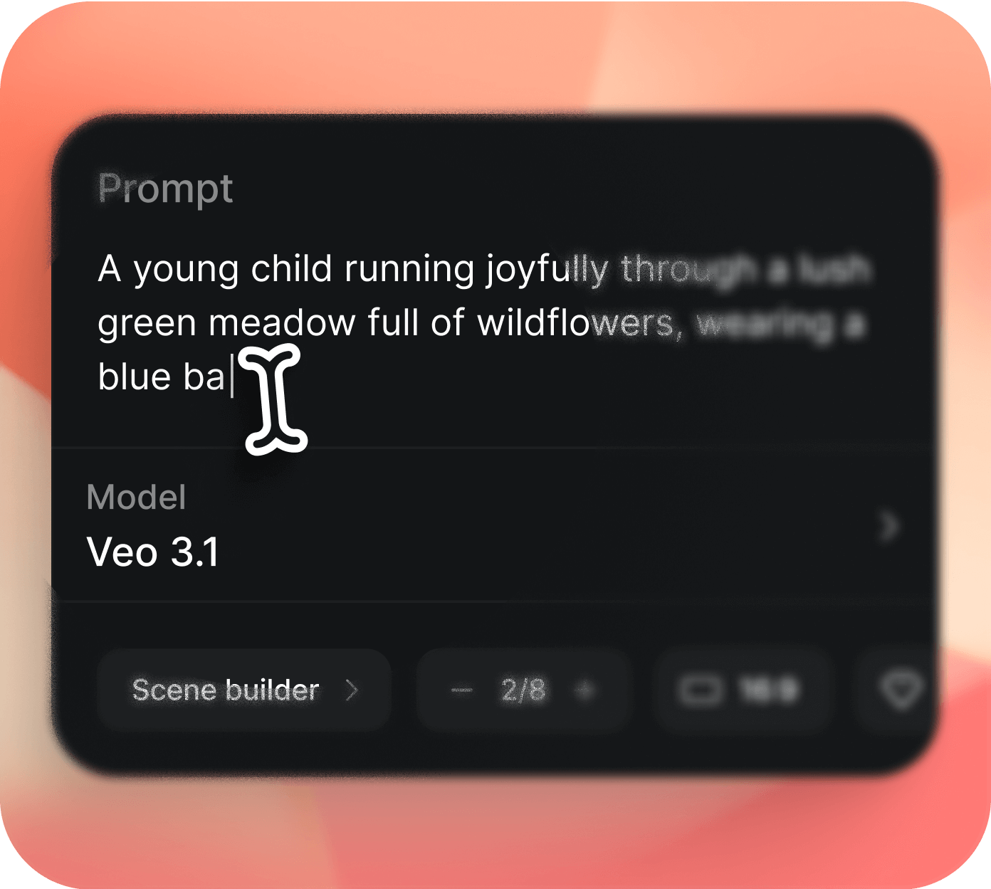 Text prompt entered into Veo 3.1 AI video generator: a child running through a meadow, showing how descriptive text creates realistic video scenes.