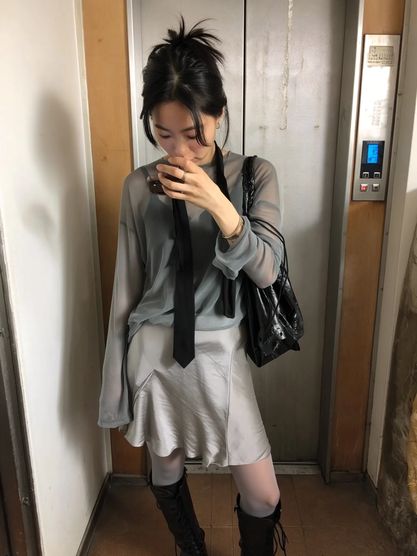A casually candid iPhone photo capturing a tall young woman standing thoughtfully in front of a vintage elevator with warm, softly diffused indoor daylight illuminating the scene. She wears an oversized mesh long-sleeve shirt, casually tucked into a smooth satin bloomer skirt that layers elegantly over sheer tights, creating minimalist texture contrasts true to Japandi-inspired styling. A loosely knotted, unfinished black tie hangs from her neck, complementing her relaxed, effortlessly undone look, with one sleeve casually torn revealing subtle layering detail. Her high boots are unlaced, further enhancing the laid-back authenticity of her appearance. Her hair is styled in a natural, unstructured manner with loose strands framing her face, bare natural skin subtly showing minimal makeup, conveying calm neutrality. The vintage elevator's textured metal surface and warm wooden accents blend seamlessly with the muted palette of her outfit, while the spontaneous, slightly tilted framing and casual composition capture a genuinely intimate moment. Natural shadows softly fall across her textured garments and skin, emphasizing genuine tactile realism within a minimalist urban setting.