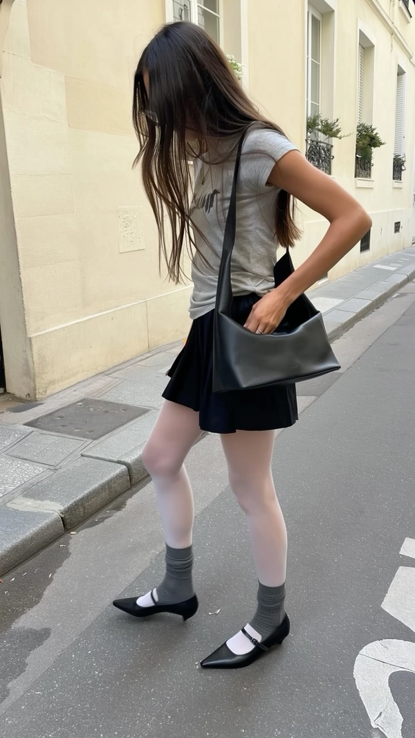A naturally candid iPhone photograph capturing a slender woman strolling down a peaceful, cream-toned Parisian street characterized by muted, Japandi-inspired minimal elegance. She wears a layered black mini skirt subtly gathered over sheer white tights, contrasted with chunky gray socks bunched casually at mid-calf and elegant pointed kitten-heel Mary Janes, combining comfort with refined simplicity. Her top is a wrinkled graphic tee relaxedly tucked in, evoking effortless texture and casual layering. A simple black leather shoulder bag hangs low on her hip, its clean lines and soft matte finish harmonizing with the neutral cream façades and minimal urban background. Soft natural daylight bathes the scene, producing gentle ambient reflections and natural skin tones visible with finely detailed hair strands flowing straight and long, subtle skin imperfections, and fabric texture grains. The framing is gently tilted and intuitively composed, enhancing the spontaneous authenticity of this relaxed urban Japandi-inspired snapshot.
