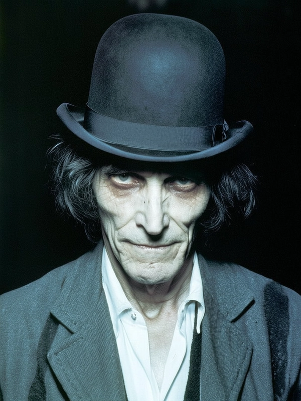 Pale, intense gaze locks directly with the viewer, framed by sharp shadows cascading over a pale face marked by subtle disconcerting bruises. A tall, black bowler hat perches atop thick, slightly disheveled hair, casting a mysterious silhouette against a deep, shadowed background. His open white shirt collar and muted gray jacket catch the soft, cool light, their textures crisply rendered, contrasting against the suffocating darkness around. The composition crops tightly around the upper chest and face, evoking unnerving intimacy, while fine grain texture whispers of vintage film, lending the scene a haunting timelessness. This unsettling portrait glows with a pale, clinical light, emphasizing cold calculation, tension simmering beneath the calm, unsettling smirk. —moody vintage film grain