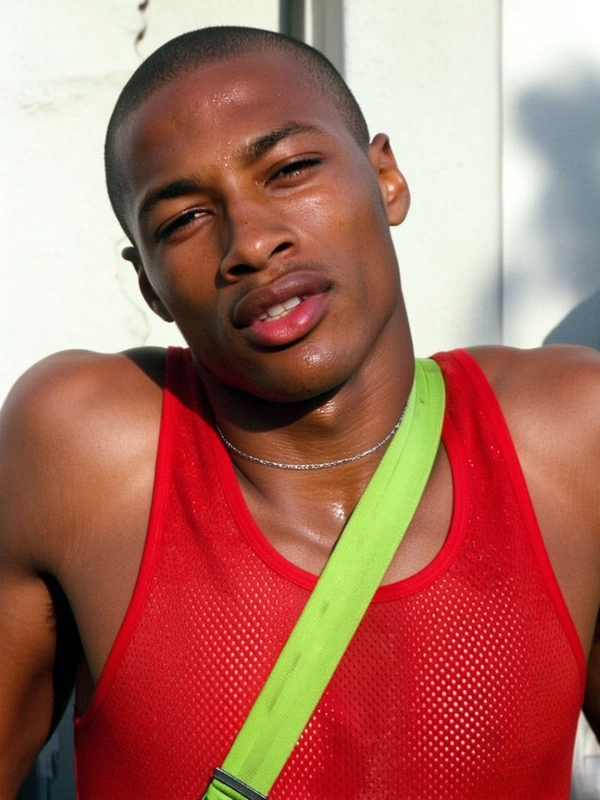 He’s framed in a tight upper body close-up, head tilted slightly forward with his chin tucked just enough to catch the light across his cheekbones. His fitted red mesh tank clings to his shoulders, showing the curve of his collarbone and the chain pressed against his skin. The strap of a neon green sports bag cuts diagonally across his chest, sitting loose and deliberate like an afterthought. His skin glows with a natural warmth—slight shine on the tip of his nose, a bead of sweat at his temple, and a soft flush along his jaw. His buzzcut is edged sharp, his lips full and slightly parted, and his gaze is calm but heavy like he’s halfway between sizing you up and not bothering. The background is barely there—a pale wall and a smear of sunlight—but his presence fills the frame like it’s built around him.
—casual candid early-2000s Y2K snapshot, grainy softness