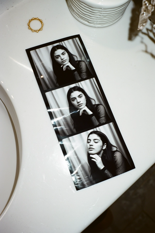 A narrow vertical photostrip lies diagonally on a clean white ceramic bathroom counter, a delicate gold ring resting nearby. The black-and-white strip features a woman in a long-sleeve mesh top against softly textured neutral curtains. In the first frame, she tilts her head slowly toward the camera, eyes alert and engaged. The second shows her resting one hand gently under her chin, contemplative and serene. The final shot captures her closing her eyes, softly exhaling, evoking quiet introspection. The strip bears subtle sensor grain, gentle iPhone flash highlights, and faint fingerprints, with slight creases hinting at tender handling. Soft shadows and muted contrast emphasize the vintage photobooth charm, while the casually skewed angle captures an intimate, spontaneous moment—contemporary photobooth snapshot, shot on iPhone.