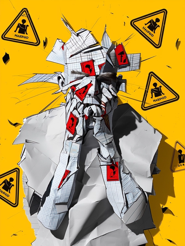 The man's face and hands are assembled from torn and layered paper fragments—his arms constructed from ripped graph paper and broken labels pieced together with jagged edges and visible creases. His expression is distorted, with overlapping fingers clutching a fragmented scalp formed from mismatched paper swatches. Bright red warning icons scatter unevenly across his face, pasted onto the collage in defiant contrast. Rough, thick inked comic-style lines burst outward from his head, radiating in sharp, asymmetrical strokes. His upper body is a patchwork of crumpled, matte paper segments layered in conflicting angles, creating a chaotic, tactile texture. The background is a flat, vivid yellow field sprinkled with cut-out black hazard symbols and splattered paper debris, all lit by harsh, graphic shadows that flatten and fracture the whole composition into a violently stylized paper collage.