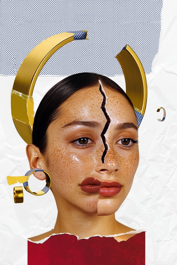 Her face is surrealistically deconstructed: one almond eye is duplicated and rotated downward near her cheek, while the other floats slightly offset above her high forehead, creating vertical dissonance. The forehead is split by a jagged tear, layered with fragments of duplicated skin patches showing varied freckle densities. The lips are repeated twice, one serrated and stretched along her jawline, the other pinched and overlapped near the chin. A massive, circular gold earring—rendered as a torn paper collage ring—hovers above her head, its edges rough with visible cut tape. The other ear shows the same earring in smaller scale, taped crudely onto the face collage, disrupting traditional scale and perspective. 
Her luminous skin reveals authentic texture: scattered freckles, subtle pores, and a faint sheen emphasizing natural luminance. Her backless crimson dress peeks at the edge of the frame, layered with crumpled paper grain and xerox distortions. The background is a stark white torn paper sheet overlaid with halftone dots and raw tape strips, evoking a hand-assembled 90s zine aesthetic that emphasizes tactile collage over realism.