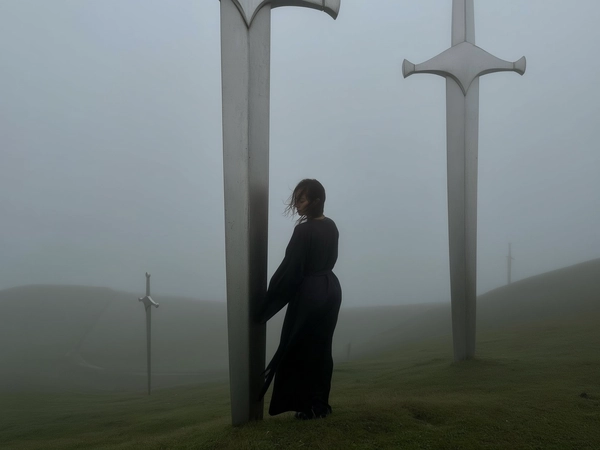 A candidly captured, muted and atmospheric iPhone photo of a lone woman standing quietly between two enormous vertical metallic swords embedded into a softly sloping hillside shrouded in thick fog. She wears flowing dark robes that rustle gently in the misty air, her silhouette faint and blurred yet evocative through the dense moisture. Her hair is naturally tousled and damp from the fog, subtly revealing realistic skin texture beneath minimal makeup. The diffused grey light filters softly through the opaque mist, casting subdued shadows and soft reflections on the subtly weathered swords. The scene is composed with an off-center and slightly tilted perspective characteristic of spontaneous handheld captures, emphasizing the surreal scale disparity between her intimate figure and the towering swords. The overall mood melds quiet introspection, mysterious solitude with a gently melancholic cinematic tone, authentically conveying the raw tactile atmosphere of a spontaneously snapped iPhone shot in a muted, fog-bound landscape.