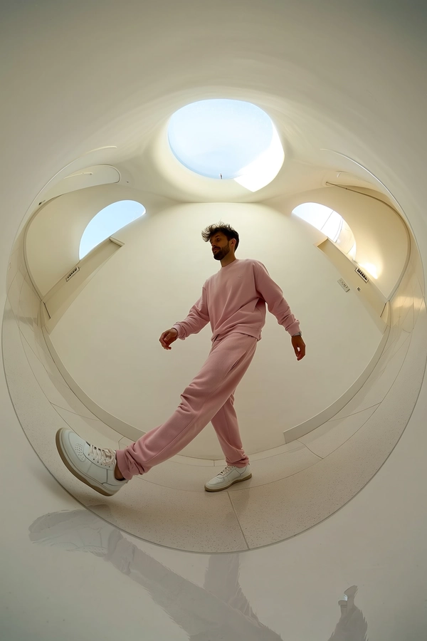 A spontaneous stylish 360-degree candid image from ground-level upward-facing spherical camera perspective inside a curved, pristine all-white contemporary hallway featuring subtle skylights gently diffusing soft natural daylight. A solitary man in an effortlessly stylish pastel-colored tracksuit—light pink sweatshirt with relaxed, textured knit fabric and matching tapered tracksuit pants in a soft buttery pastel tone—walks casually with ease. His comfortable white minimalist sneakers show slight natural wear, and his light tousled hair exhibits realistic strand details. The seamless white walls curve fluidly overhead, their smooth plaster surfaces reflecting the soft skylight illumination with natural gradations of shade and shadow. The man's subtle reflection appears organically warped and bent within glossy floor tiles beneath, highlighting spontaneous, genuine motion and relaxed posture. The gentle ambient daylight casts authentic delicate shadows on the textured floor, subtly emphasizing the tactile softness of the tracksuit fabric and natural creases. The distinctive spherical circular upward-facing framing generates immersive tunnel-like visual distortions enveloping the viewer within this stylish modern environment, perfectly evoking the casual elegance, visual imperfection, tactile realism, and natural intimacy characteristic of spontaneous 360-degree candid photography captured by a portable 360-degree camera paired with an iPhone at ground level.