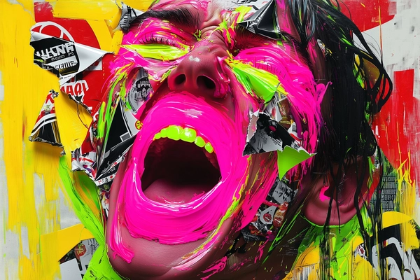 An expressive portrait captures a figure mid-shout, their mouth and eyes illuminated with thick, glowing strokes of neon gouache—electric pinks and fluorescent greens pulse vibrantly against the canvas. The skin surface fractures into a mosaic of torn fast food advertisements and logo fragments, each shard bearing saturated reds, yellows, and stark blacks, creating a layered collage of familiar commercial textures. Sharp edges of glossy print intermingle with fluid, painterly brushstrokes, as the fragmented skin seems almost tactile beneath the vibrant neon light of the facial features. The composition throbs with raw emotional intensity, suspended between visceral human cry and the fractured identity shaped by consumer culture. Chaotic yet structured, the overlapping planes dissolve and collide, fusing organic expression with synthetic imagery in a striking visual dissonance. The contrasts burst between luminous, fluid paint and the cold, repetitive patterns of advertising, crafting a surreal commentary on voice, identity, and mass consumption. —digital surreal collage abstraction