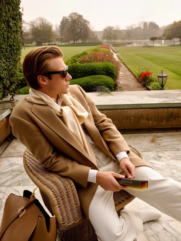In the soft glow of an overcast afternoon, a young man reclines thoughtfully on a weathered teak terrace overlooking a manicured estate garden. His neatly combed hair, parted cleanly to one side, frames a serene face beneath tortoiseshell Ray-Ban Clubmaster sunglasses, while a draped Hermès silk scarf catches the diffused light, its creamy beige tones harmonizing with the soft wool of his tailored camel blazer. His relaxed yet deliberate posture—one hand gently resting on the armrest, the other holding a slender leather-bound book—evokes quiet contemplation and latent confidence. The muted earth tones of the garden beyond blend seamlessly with polished marble flooring beneath wicker furniture, all softened by the subtle analog grain and slight warmth characteristic of 35 mm Kodak Kodachrome. The composition, shot at eye level with a 50 mm lens, balances intimacy with elegance, channeling the essence of early Peter Lindbergh editorials capturing genteel leisure."
  "—late-70s / early-80s cinematic photograph, authentic film grain.