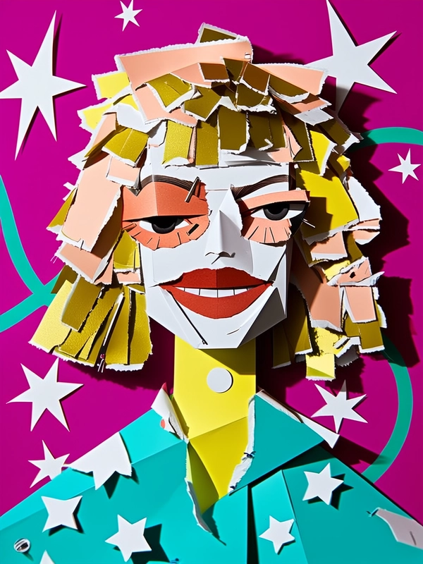 The woman’s face and upper body are constructed from jagged, torn paper pieces—her smiling mouth layered asymmetrically with two slightly shifted lips, one wider than the other. Her eyes are doubled and tilted, with one eye larger and pasted slightly above the other, both layered over varied skin-tone paper fragments in warm peach and blush hues. Her hair is a collage of rough-edged, fluttered strips of gold and brown paper, curling at the edges and overlapping inconsistently. Her neck and shoulders are formed from overlapping pastel yellow and light pink fragments, folded and creased like crumpled scrapbook pages.

She wears a bright aqua blouse made from sharp, geometric paper shapes with visible tears and staples. The background is a vivid magenta field adorned with scattered, cut-out white stars, uneven brushstroke splashes, and looping teal vector lines. Harsh, flat lighting throws stark shadows and white highlights across the torn edges and layered seams, emphasizing the vibrant, handmade, aggressively stylized collage portrait of a joyous, chaotic woman.