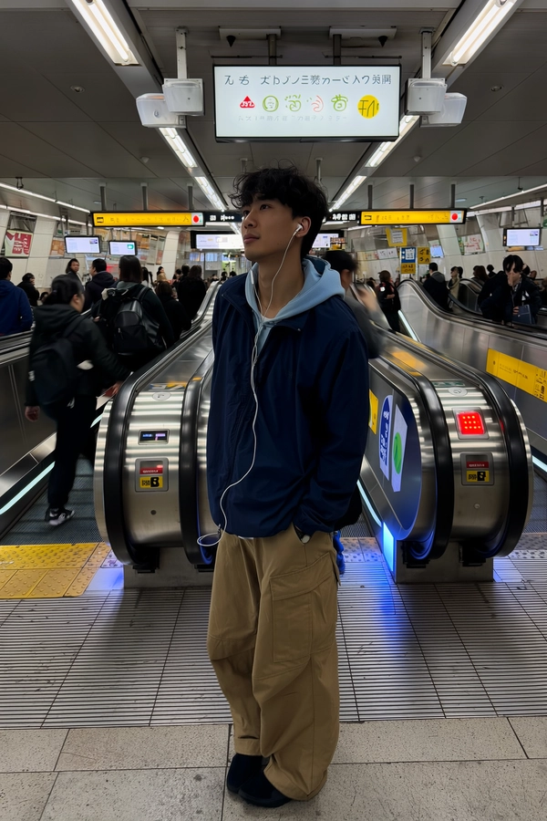 A young man in his early twenties pauses just off the escalator at a bustling JR station exit, the backdrop alive with ticket machines blinking soft LEDs and kanji signs overhead. He wears a navy-blue windbreaker layered over a hoodie, paired with loose tan cargo pants, wired earphones trailing casually from his pocket. His unreadable gaze drifts into the crowd's shuffle, caught mid-thought yet unposed. Fluorescent station light tenderly illuminates his skin, contrasting the subtle motion blur of strolling commuters behind. The muted palette of his outfit blends with the textured station floor’s faint scuffs, while passing shadows and gentle lens flares frame the scene with natural spontaneity. Captured from a hip-height vantage point with slight tilt and handheld shake, this moment pulses quietly in Tokyo’s urban flow—Tokyo street snap, shot on iPhone