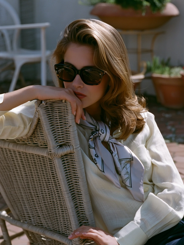 Gently illuminated by soft, diffused afternoon light, a young woman reclines gracefully against a weathered wicker chair on a sun-dappled terrace, her contemplative gaze framed by a loosely tied Hermès silk scarf draping over a crisp, cream linen blouse. Her chestnut hair, styled in effortless waves, glimmers with quiet sophistication beneath oversized designer sunglasses, while the muted palette of soft greys and warm earth tones envelops the scene in timeless calm. The tactile contrast between the smooth silk sheen and the textured wicker captures subtle sensory depth, enriched by an unmistakable 35 mm film grain that gently hums with analog warmth. The restrained composition, taken through a classic 50 mm lens at eye level, conjures the spirit of Slim Aarons’ refined leisure portraits, evoking an intimate moment of poised serenity and understated affluence."
"—late-70s / early-80s cinematic photograph, authentic film grain