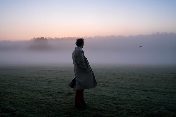 A solitary man in layered earth-tone clothes stands in the center of a dew-dark open field, the heavy fog swallowing distant tree lines into soft, diffuse grey. His breath forms fleeting clouds that mingle with the dawn mist as he remains still, hands tucked into pockets beneath the folds of a woolen coat, the fabric's fibers damp and subtly textured. The gentle pink and pale blue dawn glow slips through the haze, casting muted light across the wet grass and blurred horizon. The iPhone frame captures soft grain in lowering shadows with a slight tilt from waist height, the man's back half-turned, hair tousled by a whispering breeze, small motion blur at the coat’s hem suggesting slow movement. Around him, silence hums with a distant crow’s muffled call and the faint drip of condensation. Negative space swells with the endless fog’s embrace, inviting quiet contemplation—mistbound reverie, shot on iPhone