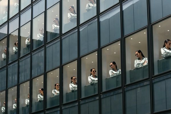 An imaginatively surreal iPhone snapshot capturing a woman duplicated multiple times, consistently wearing a smooth silk blouse, round sunglasses, and her hair slicked back, appearing across the upper floors of a sleek modern glass building. Each figure is visible through separate windows, some gazing downward thoughtfully while others face each other, creating a mesmerizing repeating visual pattern against the reflective glass façade. Natural daylight filters softly, highlighting realistic textures of the silk fabric, subtle skin details, and hair strands. The shot is framed from a casual street-level perspective with spontaneous cropping and authentic ambient reflections on the glass, evoking an unposed, candid atmosphere that emphasizes surreal repetition and layered interactions.