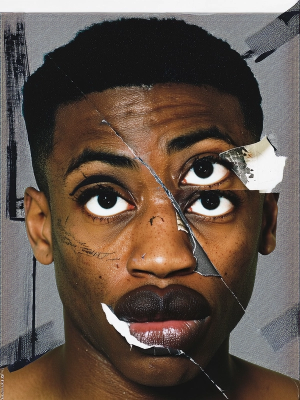 His face is violently torn and rearranged—a large eye shifted downward over the cheekbone, mirrored and overlapped with a smaller, rotated eye near the temple. His full lips are repeated twice, one set slightly skewed to the side, the other partially peeled back like torn paper. His nose bridge is duplicated and misaligned vertically with a sharp diagonal cut separating the halves. One ear is fragmented into jagged paper sections, taped crudely along the edges. The entire face feels layered, like a 90s punk zine spread, interlaced with rough paper seams and masking tape strips.

His dark skin texture remains raw and tactile—visible pores, subtle acne scars, and faint wrinkles around the eyes. His short, tightly coiled hair is cut with uneven edges, resembling ripped paper pieces. The background is a grainy xerox halftone, scratched and darkened with ink smudges and sticker-like borders, enhancing the handmade collage feel of the portrait.
