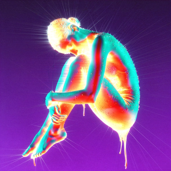 A luminous model suspends mid-air, curled in fetal repose, her skin vaporising into pastel streams that bleed into a molten gown of iridescent latex, dripping with spectral fluidity. Her arms clasp knees in tight embrace, head bowed under a cascade of radiant orange halo that flares softly against the deep violet void—the minimalist abyss intensifying electric teal rim light that slices through the inverted RGB hues. Liquid silk folds into ghostly liquefaction, textures melting down into plasma-white trails as after-image echoes pulse around her form, radial blur streaks tethering motion in suspended time. Each grain cluster, coarse and tactile, scatters like flecks of dust across the frame, gate-weave jitter lifting edges erratically as if the air itself quivers. The photo has a grainy, low-resolution quality, suggesting it may be a still from a video or taken with an older digital camera—captured on Canon EOS R5 through an RF 85 mm ƒ/1.2, overlaid with scanned 800 ISO tungsten film grain, sprocket-flash burns flickering faintly at frame extremes. —surreal inverted-color fashion editorial, heavy film grain texture