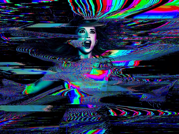 A pop star in mid-performance caught in a dynamic, digital-surreal glitch scene. Her body is surrounded by vibrant rainbow-hued screen tearing effects and VHS-like drag trails that warp and smear her movement into cascading streams of color. Multiple microphones duplicate and overlap around her, each fractured by intense horizontal scan-line distortions and pixelated fragmentation, bleeding into vibrant RGB separations reminiscent of vintage CRT displays. Her facial features—partially obscured by layered glitch shards—express fierce energy with eyes wide in awe and lips parted as if caught mid-song. The composition is tightly cropped to emphasize her torso and face, overwhelmed by swirling moiré patterns and banding static, creating a tactile analog texture blending grainy VHS noise with sharp digital pixelation. Electric blues, magentas, and neon greens punctuate the palette, contrasting with deep blacks to evoke a cyberpunk concert drenched in analog decay and mechanical disruption. This fusion of human vitality and fractured technology radiates a chaotic, electrifying atmosphere of performance caught between physical presence and corrupted digital waves.