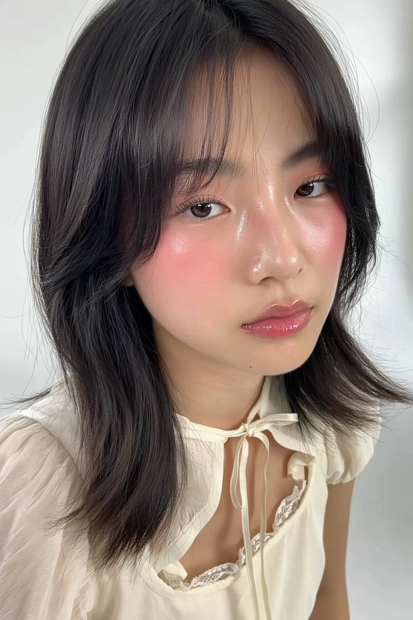 A close-up iPhone-style portrait of an East Asian girl with straight, mid-length black hair gently framing her face, softly falling near her collarbones. Her skin has a luminous, dewy finish with visible pores and a natural sheen across her cheeks and nose bridge. She wears a faint, soft pink blush subtly extending over her cheeks and lightly across the bridge of her nose, blending naturally into her skin. Her eyes feature natural lashes without heavy mascara, and her eyebrows are a soft natural black, lightly brushed upwards. Her lips are slightly parted, coated in a gentle glossy pink tint with a moist, delicate shine. She wears a delicate cream-colored puff-sleeve blouse with a subtle lace collar and a small, soft ribbon bow tied at the neck, the sheer fabric layering lightly visible. The photo is tightly framed from just above her head to below her collarbones, shot at a slightly off-center angle with a casual, handheld feel. The background is a minimalist white studio setting softly blurred to avoid distraction. The lighting mimics natural daylight filtered softly through a window, with gentle highlights on her nose and cheeks and soft shadows along her neck. Fine textural details such as individual hair strands, visible skin texture, and fabric weave are clearly rendered, enhancing the intimate and spontaneous realism of an authentic iPhone capture.