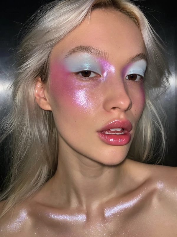 A close-up iPhone-style portrait of a fair-skinned young woman with icy platinum hair that falls softly around her face with natural texture and subtle flyaways. Her skin has a dewy, glass-like finish with dramatic wet-look metallic pink highlighter emphasizing her cheekbones and the bridge of her nose, reflecting natural light with visible shimmer particles. Her eyelids are shimmering with soft pastel eyeshadows blending icy blue and pearl white tones, creating a luminous shimmer effect. Her lips are overlined with a glossy, translucent soft pink gloss that catches light with a tactile shine. Her eyebrows are natural-colored in light taupe, softly brushed upward, unbleached. The background is a dark gradient softly blurred from black to deep charcoal, with a gentle spotlight effect casting realistic highlights and gentle shadows across her face and shoulders. The lighting emulates a natural mix of soft ambient and smartphone flash, producing subtle reflections and shadows consistent with casual iPhone portraiture. The framing is tight, capturing from just above her head down to her collarbones at a slight off-center angle. Her expression is relaxed and spontaneous, lips parted slightly, eyes gazing softly just past the camera. Fine textural details such as visible pores, gloss texture, individual hair strands, and skin shimmer are visible, creating an intimate, authentic image.