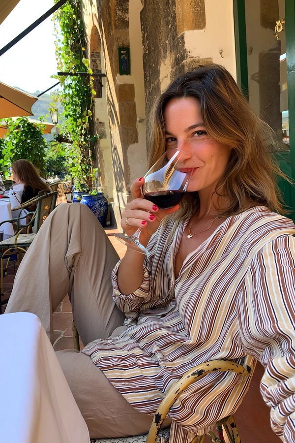 A candid photo of an Austrian woman casually sipping a glass of red wine while seated at a sunlit terrace in Lecce, Italy. She wears a relaxed, softly flowing striped blouse in muted earth tones paired with comfortable beige linen pants. Her shoulder-length light brown hair is gently tousled, framing a content, reflective expression with subtle natural skin texture and a slight smile. The terrace features rustic wrought-iron furniture with chipped paint, terracotta floor tiles, and weathered stone walls adorned with climbing greenery and colorful ceramic pots typical of Lecce’s baroque charm. Warm afternoon daylight filters softly, casting gentle shadows that highlight the varied textures of the fabrics and the aged stone surfaces. The framing is casual and slightly tilted, capturing the spontaneous calm and intimate atmosphere characteristic of an authentic iPhone snapshot during a relaxed moment enjoying the Italian afternoon outdoors.