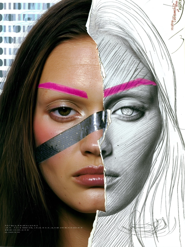 Her face is vertically divided: on one side, sharply stacked eyes run above each other with the top eye rotated slightly; the other side shows natural skin but warped through an overlapping jagged paper seam. Pink eyebrows are duplicated and staggered, some edges torn as if ripped from different source images. Glitter tape slices diagonally across her cheek, physically layered over the graphite drawing side, mixing textures and styles. The sharp cheekbones shift between drawn lines and real skin contours, creating a fractured visual rhythm with crisp, analog collage seams.

Her skin on the realistic side is luminous with subtle pores, light blush, and glossy makeup detailed beneath the tape. The graphite side feels raw and textured, pencil strokes visible with subtle smudging. Her dense hair fades into a background of mixed torn papers—a high-contrast montage of xerox grains, halftone dots, and ink scribbles that embody DIY punk zine aesthetics.