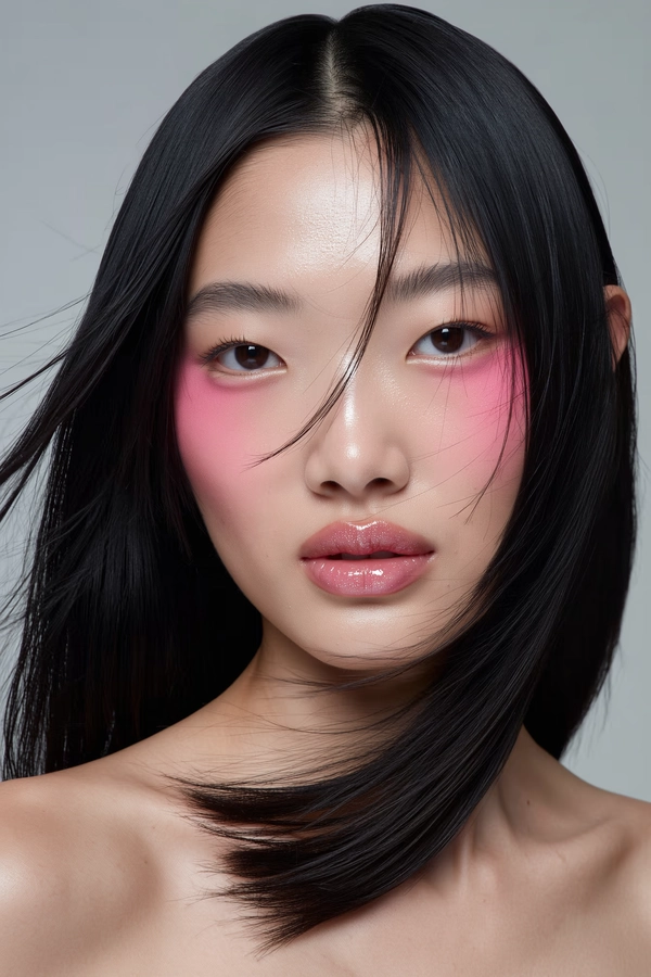 A close-up iPhone-style portrait of a young East Asian woman with sleek, straight jet black hair falling naturally around her face with some subtle flyaway strands. Her skin has a luminous, dewy finish with visible pores and a gentle natural glow on her cheeks, nose, and forehead. Her makeup is soft and minimalist but reflects babydoll styling: delicate pink blush concentrated prominently on the apples of her cheeks extending softly under her eyes, shimmering pastel pink gloss lightly applied on full lips with a moist, tactile shine. Her eyelashes are natural and lightly defined without heavy mascara, and her eyebrows are natural dark brown, softly brushed upwards and unbleached. The lighting is soft, even studio light creating gentle highlights and realistic shadows that enhance her skin texture and facial contours without harshness. The background is a smooth neutral tone, softly blurred to keep the focus intimate yet casual. The framing is tight from just above her head to below her collarbones, with a slight, relaxed tilt and a casual, spontaneous feel, as if the photo was taken handheld with an iPhone. Fine details such as individual hair strands, subtle skin texture, and the glossy lips’ reflection are clearly visible, giving the image a genuine, tactile realism.