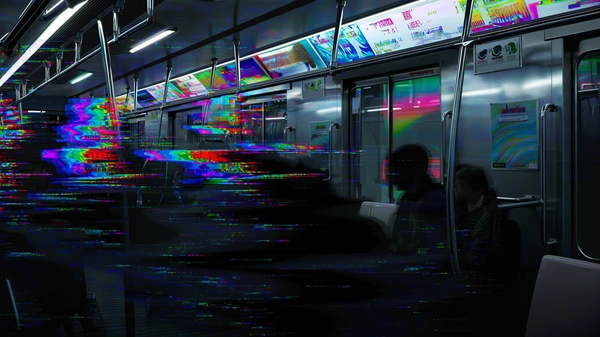 Inside a futuristic subway car, dim ambient light flickers across sleek metallic surfaces as commuters' dark, shadowy silhouettes blur and lag, fragmented by intermittent horizontal scan-line distortions that slice through their forms like corrupted frames of a malfunctioning broadcast. The walls are adorned with holographic advertisements marred by rainbow banding and pixelated artifacts, their text twisted and indecipherable, cascading down in glitch cascades of multicolored digital noise and RGB chromatic aberrations reminiscent of corrupted analog signals. The composition focuses tightly on a cluster of figures seated and standing, their bodies partially melting into the shifting digital decay, evoking a deep sense of isolation amid the noisy chaos. Subtle moiré patterns ripple across window reflections, blending with granular static textures that hint at an aging CRT monitor. The overall color scheme melds cold neon blues, magentas, and electric cyans with a stark metallic backdrop, suffused by flickering shadows that enhance the unsettling tension between human vulnerability and unstable technological environments. The atmosphere exudes cyberpunk alienation, a surreal urban nightmare caught between reality and corrupted data streams, rendered in a fractured, glitch-surrealist visual narrative.