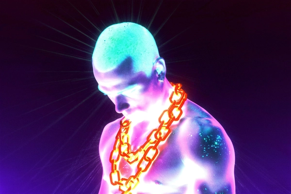 A luminous male form bows forward, neck taut, veins aglow with electric teal flashes against a deep violet void that amplifies his spectral stillness. Heavy chains, molten and iridescent, drip like liquefied titanium from his collarbone, their radiant orange glint inverted into plasma white by an infrared channel flip, creating an eerie fusion of weight and lightness. His skin seems to dissolve into ghostly silk streams, bleeding pastel pinks and blues that scatter under coarse grain clusters and sporadic dust specks, like memories seeping through aged film stock. The photo quality suggests a slightly grainy or low-resolution digital look, capturing a candid moment where faint gate-weave jitter shivers along the edges. Subtle radial blur streaks pulse softly around the bowed crown, as if caught mid-motion in a hypnotic dance of flux and gravity. Captured with a Canon EOS R5 through an RF 85mm ƒ/1.2 lens, overlaid with scanned 800 ISO tungsten film grain and sprocket-flash burn, this vision radiates unease and ethereal grace.—surreal inverted-color fashion editorial, heavy film grain texture