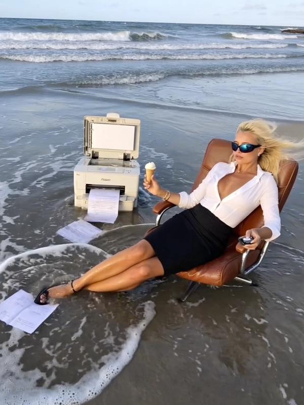 With waves lapping rhythmically against the shore, a blonde woman reclines in a weathered leather office chair anchored in the shallow surf, her crisp white blouse and high-waisted black pencil skirt sharply contrasting with the sand beneath. Her heels rest lazily atop a half-submerged printer, while one hand grips a melting ice cream cone and the other idly scrolls a wireless mouse—an ironic nod to the absurd twist on remote work culture. Behind her, a broken copier machine spits soggy paper into the foaming surf just beyond, its damp sheets drifting like misguided memos. The golden hour sunlight casts long reflections on the wet seabed, flickering over her oversized black sunglasses which reflect the endless sea, as if she's reviewing quarterly reports from Poseidon's HR department. The photo has a grainy quality, suggesting it may be a still from a video or taken with an older digital camera. Her wind-tossed hair and seriously composed expression reinforce the unlikely marriage of corporate formality and beach tranquility. Quick snapshots create a soft-focus effect at the edges, and muted colors swirl into a nostalgic haze—early-2000s digicam snapshot, grainy quality.
