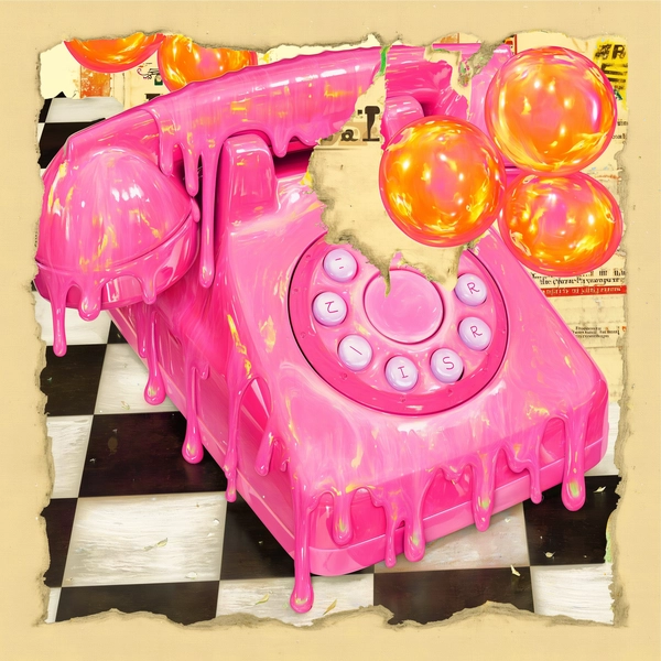A square-framed scene centers on a distorted pink rotary phone melting into a checkerboard floor of deep ebony and pearl white tiles. The phone's glossy plastic surface dissolves with soft, liquid drips that morph into smeared brushstrokes of digital gouache, blending tactile coaxial swirls with slick, synthetic sheen. Surrounding the phone, glowing text bubbles pulse with neon pink and electric coral hues, their smooth, rounded forms shimmering against darker shadows. Scattered vintage advertisement fragments, faded and yellowed with subtle grain and paper creases, overlay the checkerboard with irregular, torn edges that fragment the composition further. Layers dissolve into one another with hazy translucencies and painterly collage textures, evoking melting memories and surreal contamination between analog nostalgia and digital glow. The overall mood balances nostalgic melancholy with an eerie vibrancy, capturing a fluid tension between tangible decay and luminous digital reverie—digital fluid surrealism.