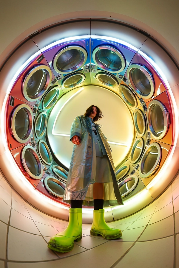 A spontaneous, stylish 360-degree candid upward-facing image within a brightly lit laundromat featuring a spiral arrangement of rainbow-tinted washing machines encircling the scene. At the center, a fashion model stands casually and confidently wearing a translucent vinyl trench coat that reveals layered clothing beneath with subtle reflections highlighting the material's glossy texture. Their neon boots, vibrant and slightly scuffed, contrast vividly against the polished tiled floor beneath them. The model’s relaxed posture, naturally tousled hair, and minimal awareness of the low-ground camera reveal genuine candidness. Cool fluorescent overhead lighting softly diffuses through the space, casting subtle colorful reflections from the washing machines’ hues onto the model’s coat and floor tiles. Detailed textures of the vinyl’s smooth gloss, neon boot rubber with authentic wear marks, finely detailed hair strands, and tiled flooring are crisply rendered. The spherical upward-facing framing from the ground-level center creates an immersive tunnel-like distortion, emphasizing the spiral composition of machines and elongating the model’s figure within the circular 360-degree tunnel aesthetic, exemplifying spontaneous candid fashion photography captured with a portable 360-degree camera paired with an iPhone.