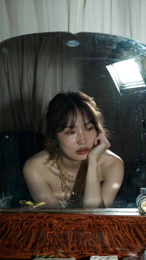 A young East Asian woman drapes herself over a cluttered, lacquered vanity shimmering under the cold gleam of a sharp, isolated key light. Her layered gold necklaces, heirloom pieces from a Tokyo atelier, catch fractured flashes, flaring against the muted sepia tones of her softly tousled hair and translucent, pale skin mottled with a natural sheen. Her makeup is an understated glow, lips slightly parted in a breath caught between fatigue and yearning, eyes glazed with simmering introspection.

She leans with sculptural stillness, her fist cradling a cheek as though holding a fragile thought, embodying quiet drama and vulnerability. The mirror behind, stained with dust and speckled imperfections, absorbs shadow and deflects fractured light into a moody chiaroscuro that saturates the cramped, intimate space—a bedroom drenched in noir melancholy.

The worn wood grain of the vanity and the delicate chain links are rendered with painstaking detail; every pore and sheen of skin reverberates with texture, resisting slick plastic gloss. A subtle rim of cool fill light dallies on her jawline, delineating her silhouette against the dim backstage gloom.

Composed at eye level with a 85mm portrait lens, the frame is tightly cropped, compressing the scene’s intimacy. A digital profile simulates a muted tungsten film with a hint of grain, capturing the delicate tension between softness and texture; a whispered homage to cinematic stillness and delicate narrative.  —high-fashion editorial, hyper-real texture fidelity