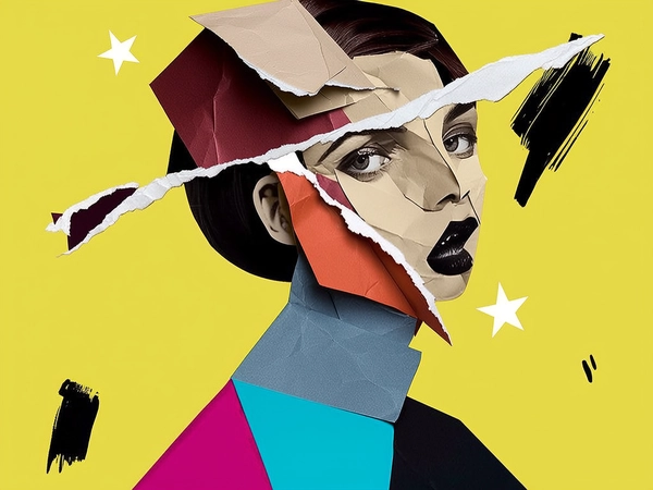 The woman's face and body are entirely constructed from layered, torn paper fragments that clash in tone and texture, creating a fragmented collage with misaligned, duplicated facial features. One eye is layered twice at different angles, while her lips show two opposing expressions merged awkwardly. Her skin is made of rough, matte paper segments in warm cream, dusty rose, and slate blue, with visible creases and curled edges. Her neck and shoulders fold unnaturally, built from jagged, overlapping paper stacks. She wears a geometric blouse made of stiff paper shapes in contrasting cyan and magenta. The flat background is a bold lemon yellow, adorned with scattered black brushstrokes and white paper stars. Harsh, graphic lighting cuts across the layers in stark blocks, emphasizing the torn edges and flattened 2D collage effect.