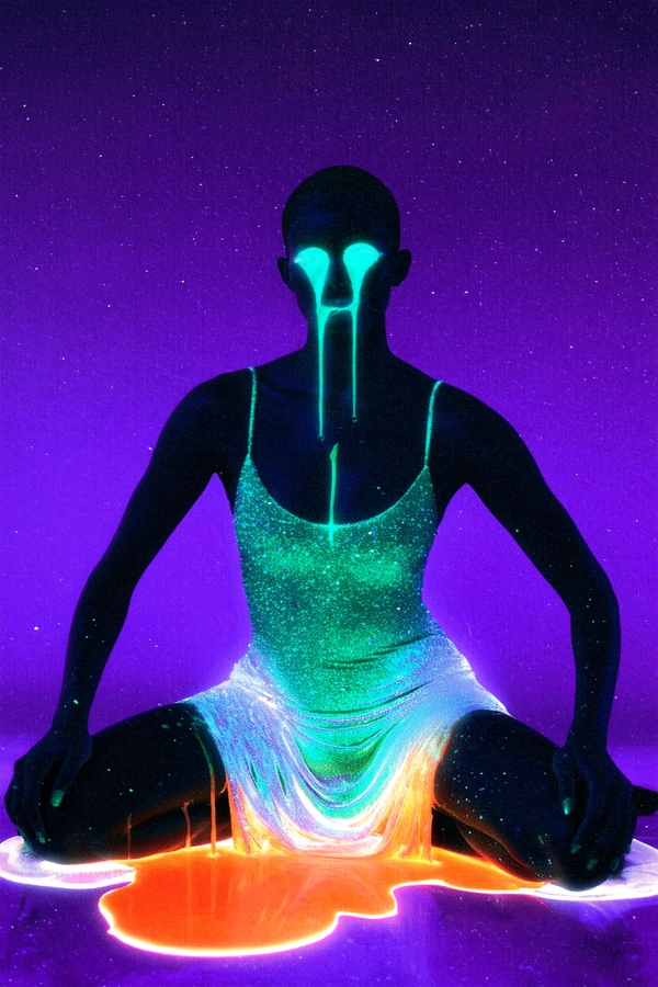In a minimalist deep violet void, a faceless model sits with unyielding grace, cross-legged, the spine a flawless vertical line glowing with electric teal hues dripping like viscous liquid latex. Her iridescent gown liquefies at the edges, ghostly silk dissolving into pastel currents that flare radiant orange beneath plasma-white rim light. The silhouette pulses with spectral after-images trailing faintly as if caught mid-breath, skin vaporising into streaks of molten neon. Coarse clusters of grain cling like dust specks, the faint gate-weave jitter nudging the contours, blurring where flesh melts into fabric streams. The photo quality suggests a slightly grainy or low-resolution digital look, capturing a candid moment. Captured on a Canon EOS R5 paired with an RF 85 mm ƒ/1.2 lens, infused with scanned 800 ISO tungsten film grain, sprocket marks smudging the periphery, a spectral echo of analogue grit—surreal inverted-color fashion editorial, heavy film grain texture