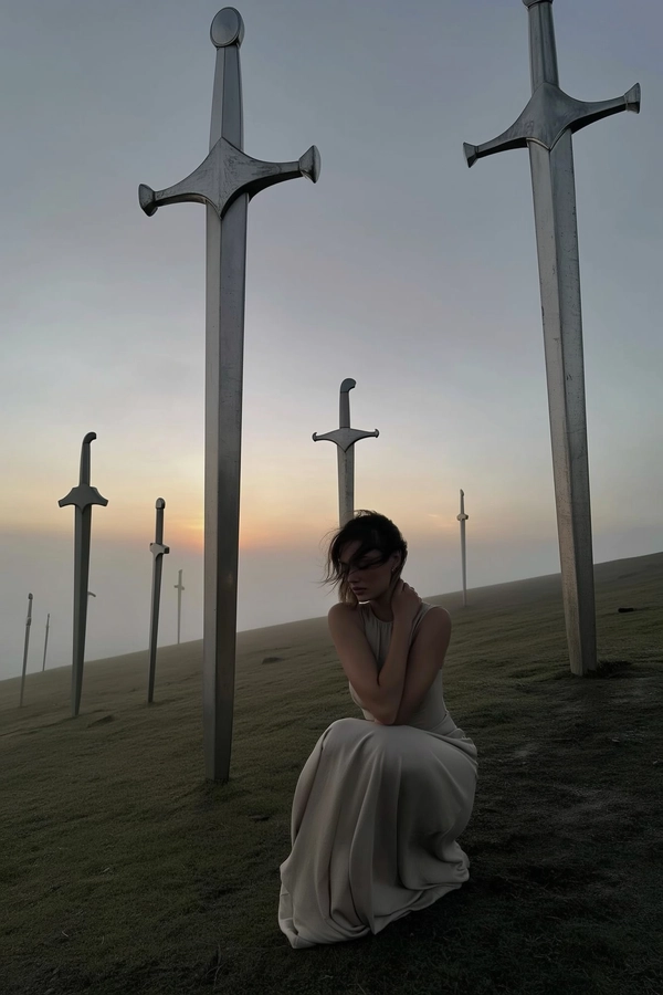A spontaneously captured iPhone photograph of a woman kneeling on a gently sloping hillside scattered with monumental, vertically embedded metallic swords. She wears a softly flowing beige dress that catches the last muted rays of a fading sunset filtered through an overcast sky, the fabric gently lifted by a cool, subtle breeze. Her naturally tousled hair softly frames a quietly introspective face with minimal makeup, revealing authentic skin texture. The surrounding landscape is painted in subdued earthen and twilight hues—soft greys, faded greens, and dusky blues—with worn, slightly reflective sword surfaces partially veiled by creeping mist. The lighting is diffusely muted, evoking the calm atmospheric glow of dusk. The composition feels casually spontaneous with an off-center angle and a slightly tilted perspective, emphasizing the surreal scale contrast between the intimate human form and the monumental swords looming beside her, infusing the scene with a quietly melancholic, cinematic sense of solitude and mystery.