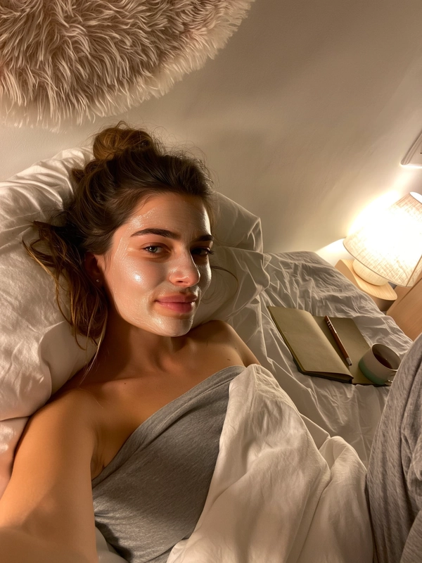 A young woman lies comfortably in a cozy bedroom, wearing casual loungewear with her hair loosely tied back. She has a smooth gel face mask applied across her face that glistens softly under warm bedside lamp light. Around her, soft rumpled sheets and a plush pillow add texture, while an open notebook and a ceramic mug with tea sit casually on the bed nearby. The selfie is taken from a front-facing iPhone viewpoint, capturing her relaxed expression and upper body naturally framed. Gentle indoor lighting highlights the moist gloss of the gel mask and the soft fabric folds, with mild realistic grain typical of iPhone shots. The overall feel is intimate and effortlessly authentic—skincare selfie, shot on iPhone