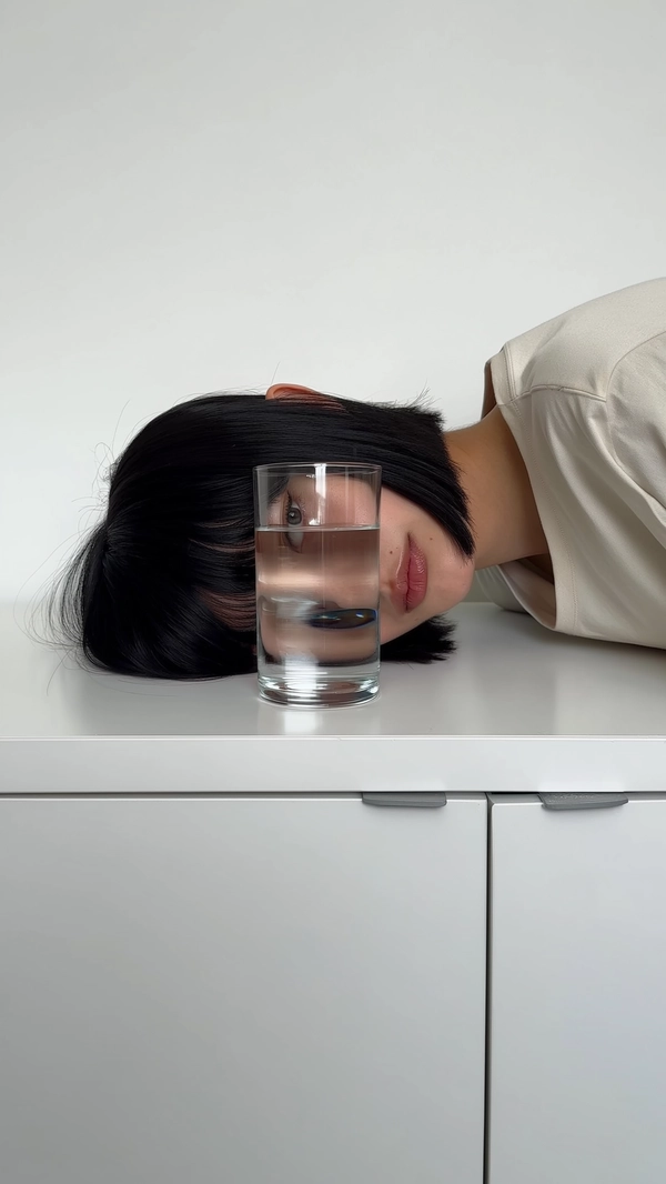 A striking minimalist surreal photographic portrait of a person with a sharp black bob hairstyle lying face down on a smooth white cabinet. A transparent cylindrical drinking glass, entirely filled with clear water, rests naturally between their cheek and the cabinet's edge, positioned directly before and fully covering their face, creating subtle and unique refractive distortions across their facial features. One eye peers just above the rim of the glass, gazing neutrally and expressionlessly at the camera. The background is a smooth white minimalistic plane, illuminated by authentic soft natural daylight that gently reveals realistic skin texture, delicate hair strands, and nuanced subtle makeup. The photograph is framed with intuitive, casual angles emphasizing frontal glass coverage and surreal distortion, evoking spontaneous candid intimacy reminiscent of an iPhone capture. Styling is minimalist-inspired neutrals: the subject wears a relaxed, oversized cream-toned top blending soft monochrome tones, complemented by understated modern accessories and neutral eyewear, interpreting calm elegance with originality and personal expression.