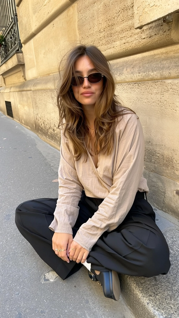 A casually candid iPhone-styled photo of a fashionable young woman sitting cross-legged on a textured Paris sidewalk, leaning comfortably back against a warm beige stone wall typical of Parisian architecture. She wears loose-fit RECTO trousers and minimalist sunglasses, her outfit embodying effortless casual refinement tied to understated elegance, complemented by a soft, neutral-toned UNIQLO x MARNI top with subtle fabric wrinkles clearly visible. Her hair is styled in effortless loose waves, gently tousled with natural strands softly falling around her face, which bears a natural, neutral expression unaware of the camera. Soft, natural daylight casts gentle shadows and highlights that reveal realistic skin textures, intricate fabric detail, and the tactile roughness of the stone wall and pavement. The framing is slightly tilted and off-center, capturing the spontaneous intimacy and casual unposed nature characteristic of genuine iPhone street photography in an authentic Parisian urban setting.