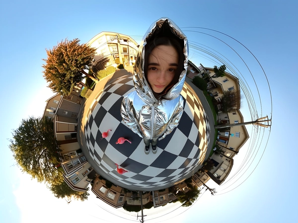 A spontaneous stylish 360-degree candid image set outdoors on a suburban roundabout uniquely tiled with glossy black and white checker patterns interspersed with scattered plastic flamingos exhibiting subtle weathered textures. At the center stands a lone figure donned in a striking chrome puffed cape that authentically reflects surrounding architectural details and dappled tree foliage, the cape’s fabric showcasing intricate metallic folds and sheen contrasting with softly detailed casual footwear subtly worn from daily use. The suburban houses and surrounding trees curve naturally into an immersive 360-degree spherical grid composition, creating a captivating tunnel-like visual distortion characteristic of an upward-facing ground-level camera. Under soft mid-afternoon natural sunlight, gentle shadows lengthen across the checker tiles and flamingo plastics, highlighting nuanced surface textures of both flora and manmade objects. Fine hair strands and subtle skin textures peek from beneath the hooded cape, reinforcing tactile realism and fashionable spontaneity. The entire scene is framed with an authentic circular fisheye perspective executed by a portable 360-degree camera paired with an iPhone, resulting in a vividly immersive, stylishly disorienting yet naturally elegant portrayal of surreal suburban candid imagery.