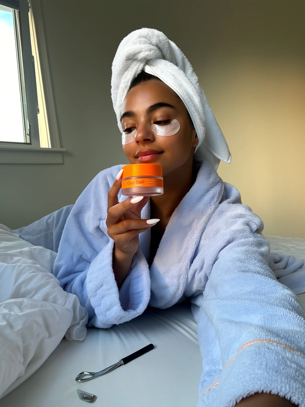 A young woman relaxes on a soft bed wearing a pastel blue bathrobe and a fluffy white towel loosely wrapped around her head. She has large translucent hydrogel under-eye patches clearly visible beneath her eyes and displays a gentle, thoughtful expression. Her long white manicured nails delicately hold a bright orange-lidded skincare jar labeled “Clear Bear” near her lips. Nearby, a softly rumpled white pillow and an open skincare tool lie casually on the bed. Soft daylight filters through a nearby window, illuminating her glowing skin and bathrobe textures with a warm, natural glow. The selfie is captured from a natural front-facing iPhone angle, focusing closely on her face and upper body with subtle iPhone grain and muted, pastel tones. This intimate, casual moment highlights a quiet skincare ritual in a minimalist, clean indoor setting—skincare selfie, shot on iPhone.