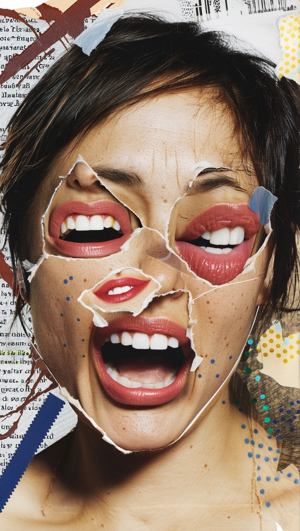 Her face is startlingly rearranged: two mouths replace where her eyes should be, each mouth slightly open and layered over the eye sockets. A third, small, smirking mouth sits offset near the jawline, breaking symmetry. Her nose is shifted sideways, partially torn away and reattached with rough paper edges and masking tape fragments. Layers of cut-out paper skin overlap unevenly, with repeated jawlines clipped and jagged, giving her a fractured, torn-apart visage that feels scissored directly from torn magazine pages. Sticker borders and halftone dots punctuate the collage, emphasizing the analog, handmade disruption.

Her realistic skin shows natural pores and fine wrinkles around the duplicated mouths, with subtle acne scars and dry patches that anchor the surrealism in human texture. Her hair is messy, dark, with visible strands rendered in a grainy photocopy texture. The background consists of ripped newsprint scraps, xerox grain overlays, and faint ink smears, recalling the chaotic spirit of underground punk zines and DIY flyer aesthetics.