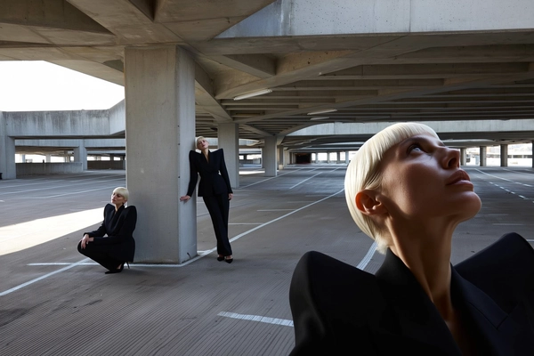 An imaginative, casually surreal snapshot capturing a woman duplicated multiple times, always wearing an ultra-structured sculptural suit with sharp shoulders, her ultra-short bleached hair perfectly styled, within a vast, stark brutalist parking deck. One figure crouches low beside a raw concrete column, another leans effortlessly on the cold pillar with fingers gently resting, a third strides gracefully between massive concrete beams, while a larger-scale close-up of her face gazes upward with slow elegance. Natural daylight filters through the parking deck's openings, casting authentic shadows and subtle highlights across the textured concrete, emphasizing detailed skin textures, fabric structure, and soft hair strands. The composition employs casual iPhone framing, with unexpected cropping and contrasting scales to heighten surreal interaction, evoking spontaneous authenticity and playful repetition characteristic of candid urban environments.