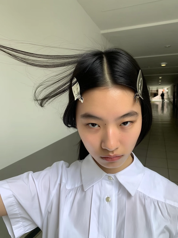 Minimalist silver metal clips grip sleek dark strands on either side of a precise centre part, catching the soft, diffused glow of a plain hallway’s natural light. The schoolgirl’s calm, steady stare meets the iPhone lens, her clean white blouse crisp yet softened by scattered fly-away strands brushing her temples. Skin pores peek beneath dewy, subtle makeup, while a slight high-angle arm stretch frames her face, the faint shadow of a tiled corridor behind blurred and plain. A casual hair shift creates reflections on the clips’ polished surface, barely disturbing the tranquil, schoolday stillness—authentic iPhone close-up, statement hair-clip focus