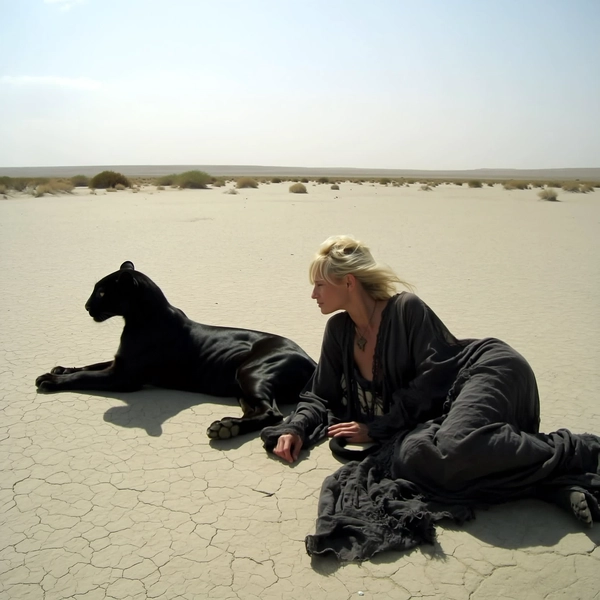 A wide-frame, candid iPhone-style image of a blonde woman dressed in a tattered, loose black gown with subtle nomadic layered fabrics, lying still beside a sleek black panther on a cracked desert plain. Both gaze calmly into the distant horizon under the bright midday sun, with soft, natural light creating low-contrast shadows and a spontaneous feel. The landscape features cracked earth textures and sparse desert elements, evoking a quiet, introspective mood. The woman's partially obscured face and relaxed posture add a mysterious, serene quality. The composition is minimalist, emphasizing the tactile textures of worn fabric, smooth panther fur, and desert ground, all captured with the authentic, casual depth and imperfection of iPhone photography.