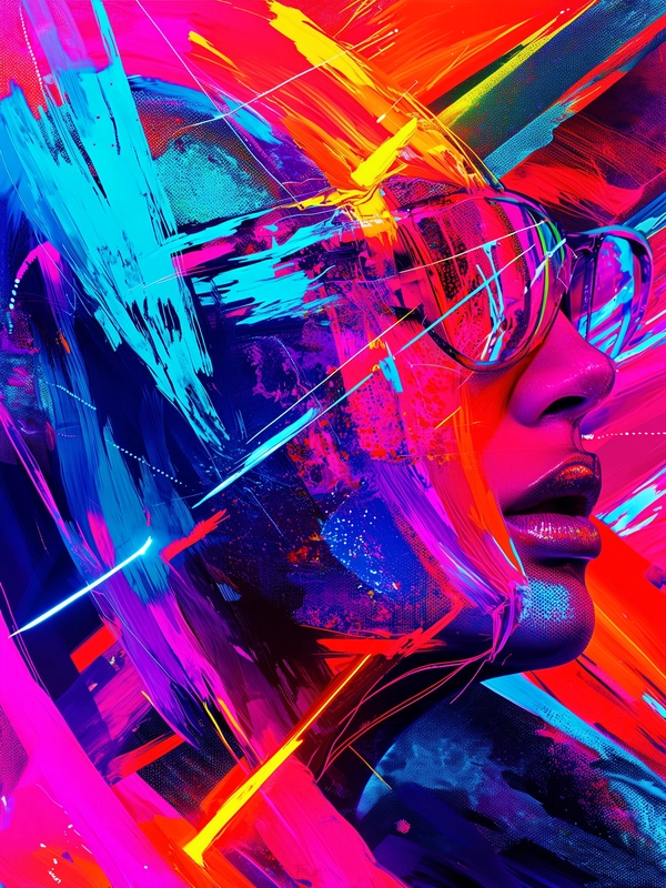 A vibrant portrait of a woman rendered in a labyrinth of three overlapping profiles, each face distinct yet seamlessly merging through pulsating neon brushstrokes that slice across radiant, saturated colors reminiscent of Fauvist exuberance. Halftone textures ripple beneath the electric palette, their grainy dots layering over fluid, distorted forms that shimmer with glitch-infused fragmentation. The composition vibrates with a kinetic tension where organic facial contours dissolve into jagged pixel-like glitches, fusing analog painterly richness with digital digital distortion. Vivid crimsons, electric blues, and glowing magentas clash and blend beneath erratic luminous streaks that flicker like digital static. This image captures an energetic paradox of lively color chaos against structured glitching forms, evoking dynamic identity flux and fractured perception within a surreal urban dreamscape—digital fluid surrealism.