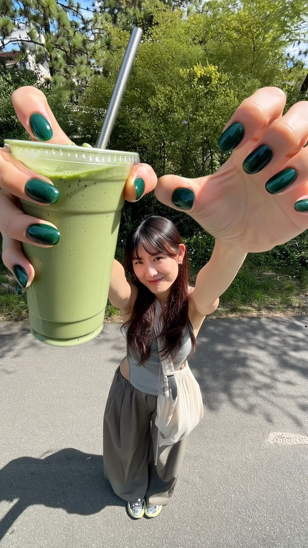 A casually chic, spontaneously captured iPhone-style image featuring a petite young woman with glossy dark green nail art, extending dramatically elongated giant hands towards the camera, holding a smoothie with a reusable metal straw. She wears contemporary casual outdoor attire suitable for a sunlit trail, embodying relaxed confidence with minimally posed, gently smiling expression. The outdoor scene includes lush greenery softly blurred in background under natural sunlight, realistically illuminating detailed textures of her stylish outfit, glossy nail polish, nuanced skin with subtle imperfections, and reflective metal straw. The slightly tilted, playful framing enhances visual elegance and exaggerated proportions, capturing effortlessly chic casual authenticity typical of trendy lifestyle photography shot on an iPhone.