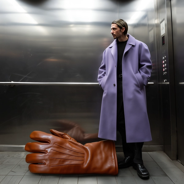 A spontaneous, candid iPhone-style photo of a tall man standing naturally inside a vintage elevator with softly reflective mirrored walls showing subtle wear and slight smudges. He wears a stylish lavender overcoat with a smooth, woolen texture visible in soft daylight filtering from above. His slicked-back hair shines with natural highlights revealing fine strands and his striking cheekbones cast gentle shadows on his subtly textured skin featuring natural pores. At his feet, casually resting on the scratched, worn elevator floor tiles, lies a massively oversized brown leather glove, curled lightly as if carelessly dropped. The glove reveals fine realistic detailing—visible stitching, natural leather creases, soft patina, and a slight glossy finish reflecting the ambient light. The lighting is gentle, diffused elevator daylight creating soft shadows and nuanced reflections on the mirrored walls and the man’s clothing. The composition is casually informal with a slight frame tilt and off-center positioning, capturing an authentic, unposed moment with surreal scale contrast that blends believable candid urban portraiture aesthetics with strikingly imaginative, oversized accessory elements.
