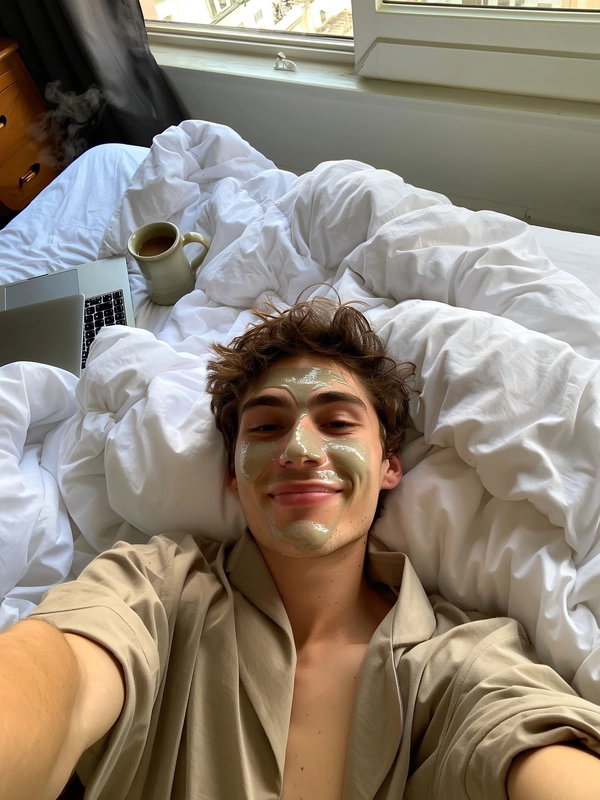 A young man reclines comfortably on a cozy bed with soft, rumpled white bedding, wearing loose, beige pajamas. His hair is casually tousled, and a slick gel face mask glistens on his skin, emphasizing freshness and care. Nearby, a half-open laptop and a Ceramic mug with steaming coffee rest casually, while soft daylight filters gently through a window, casting natural light on the scene. The selfie is taken from a front-facing iPhone perspective, showing his face and shoulders clearly in focus with a playful, relaxed expression. Textures of the gel mask, cozy fabric, and the steam from the mug are vivid, capturing a genuine moment of personal relaxation—skincare selfie, shot on iPhone