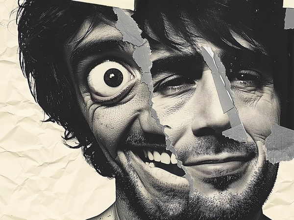 His face is violently fractured into layered collages—one eye enlarged and rotated near the temple, the other sliced in half and shifted awkwardly on the cheek. His mouth appears twice: one half snarling and the other a quiet smirk, offset diagonally across the jawline. The nose bridge is torn in a jagged diagonal slash, with duplicated nostrils slightly misaligned. Raw paper edges, masking tape strips, and visible collage seams bracket each facial section, creating visual dissonance and tactile roughness reminiscent of punk zines.

His skin shows detailed realism—visible pores, subtle stubble, and faint scars catch the eye beneath washed-out halftone dots. Dark, tousled hair is roughly cut and overlaid with xerox grain. The background is a crumpled, off-white paper texture mottled with sticker residue and grainy ink blots, grounding the image in handmade analog print aesthetics.