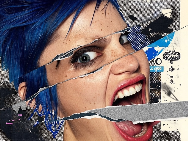 Her face is aggressively reassembled in raw collage style—one eye duplicated and rotated sharply upward near her hairline, the other stretched wide and layered beneath her cheekbone. Her mouth is cut into jagged halves, one snarling and the other frozen mid-shout, shifted off-center across a torn jawline. The nose bridge is split with a diagonal tear, overlaid by a second nose fragment lying askew. Rough masking tape seams and torn paper edges overlap erratically, creating chaotic but tactile layering reminiscent of a punk zine flyer.

Her skin is weathered and real—visible pores, scattered freckles, and subtle scars map across her sharp cheekbones. Her spiky, cobalt-blue hair breaks the flat collage with rough paper-edge texturing. The background is gritty xerox grain, mixed with halftone patterns and scattered ink bleeds, encapsulating rebellious underground print culture.