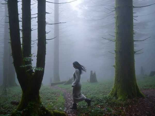 A solitary woman wrapped in a soft wool dress threads slowly between towering moss-laden trees, the thick fog hovering low, curling around her ankles and blurring the forest floor into a watercolor wash of greens and greys. Her hair escapes in loose strands, damp with mist, as she pauses mid-step, a gentle hush hanging in the cold air around her whispered breaths. The pale morning light filters weakly through the canopy, muted and diffused by the lingering haze, softening every edge and muting colors to mossy greens and earthy browns. Tiny droplets cling to curled leaves nearby, glistening faintly, while indistinct shapes fade into the heavy air beyond. From a waist-high, slightly tilted iPhone perspective, a delicate motion blur whispers at her hem, and generous empty fog fills the frame, amplifying the quiet magic of this solitary enchanted moment—mistbound reverie, shot on iPhone